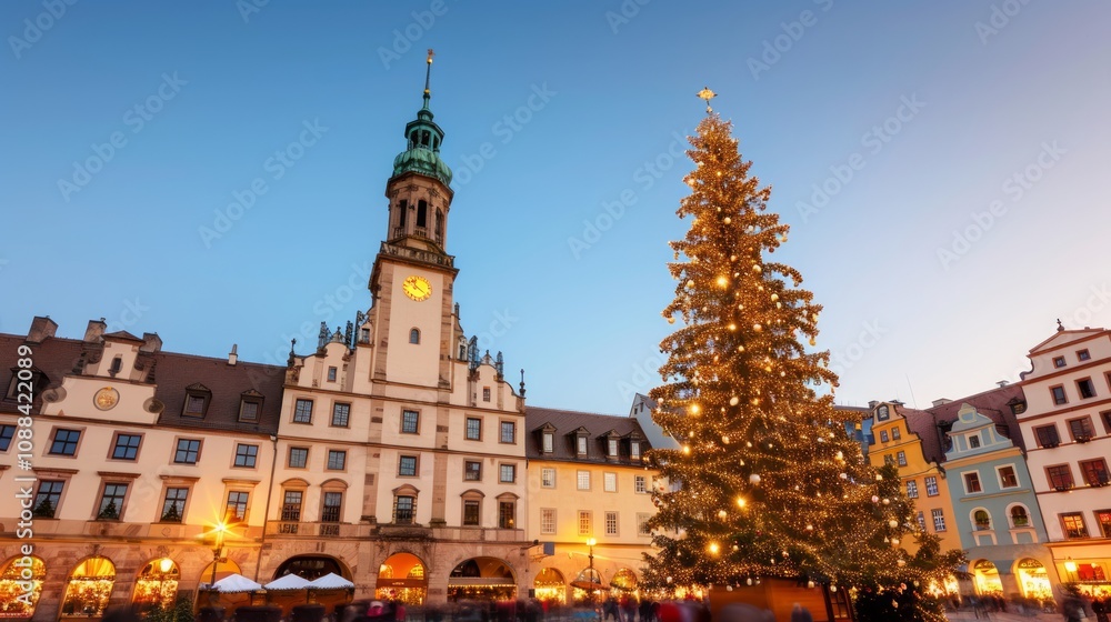 Obraz premium Christmas tree in a festive town square at dusk.