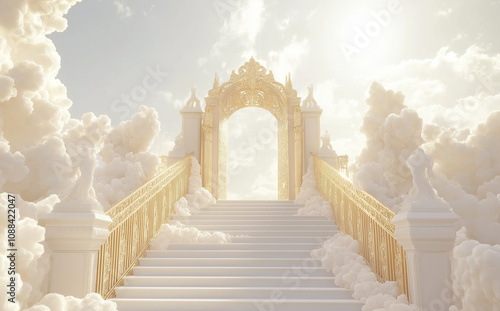 staircase and gate in heaven in the clouds, symbol of paradise