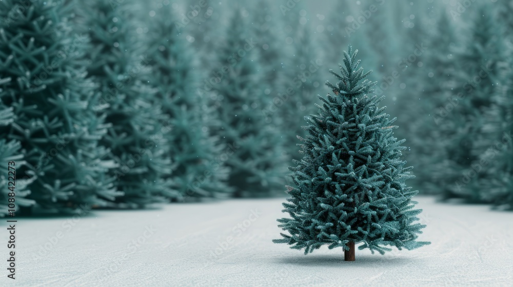 Obraz premium Snowy forest with a single Christmas tree.