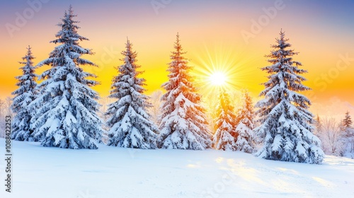 Winter landscape with snow-covered trees and a bright sunrise in the background.