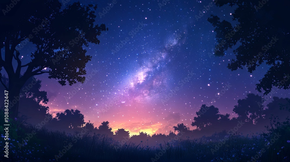 Night Sky Over Silhouetted Trees and Grass Night Sky Over Silhouetted Trees and Grass