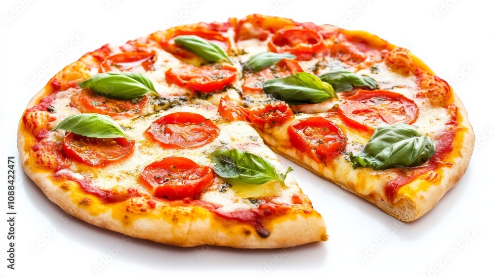 A mouthwatering pizza topped with gooey cheese, fresh tomatoes, and aromatic basil leaves A mouthwatering pizza topped with gooey cheese, fresh tomatoes, and aromatic basil leaves