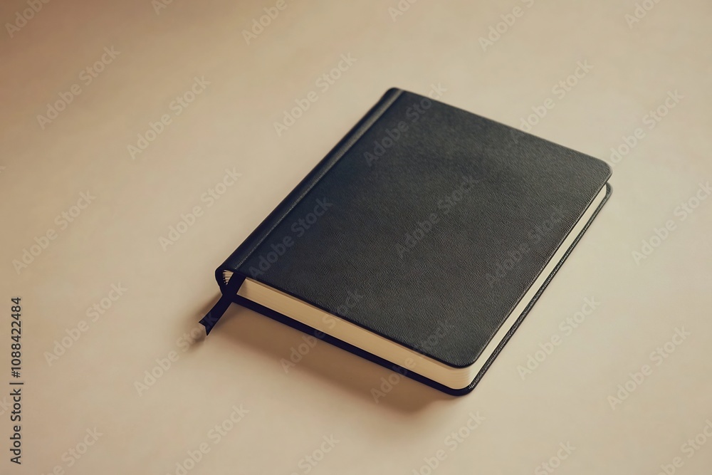 Closed Black Notebook with Soft Cover on Beige Background in Studio Lighting Closed Black Notebook with Soft Cover on Beige Background in Studio Lighting