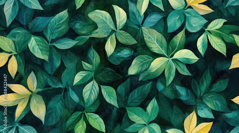 Watercolor gouache branches with lush green leaves creating a seamless tropical rainforest pattern for invitations and fabric designs scrapbook projects greeting cards Watercolor gouache branches with lush green leaves creating a seamless tropical rainforest pattern for invitations and fabric designs scrapbook projects greeting cards