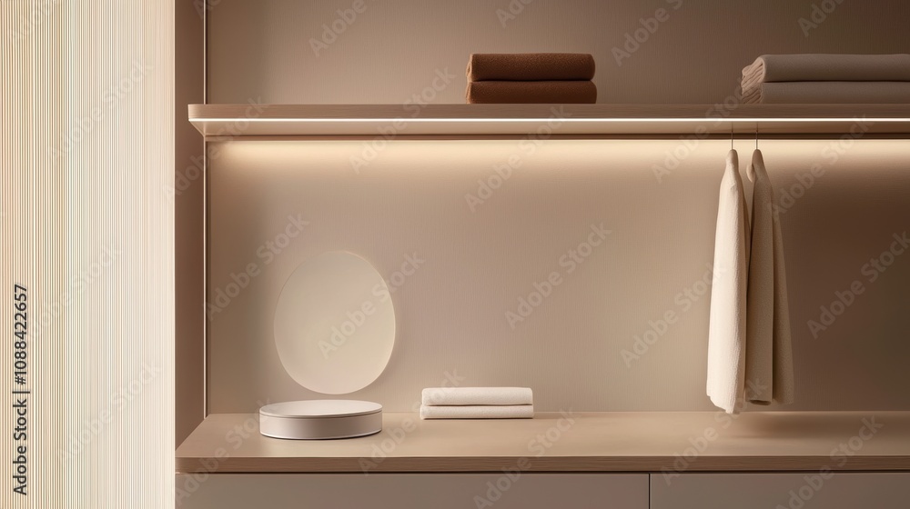 Modern dressing room with seamless LED lighting warm tones and sleek builtin shelves luxurious and futuristic organization concept Modern dressing room with seamless LED lighting warm tones and sleek builtin shelves luxurious and futuristic organization concept