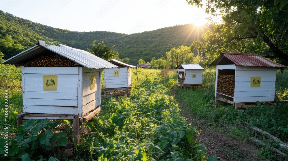 Beehives glow in dawn's light, nestled in a verdant garden against rolling hills, embodying serenity and nature's harmony. Beehives glow in dawn's light, nestled in a verdant garden against rolling hills, embodying serenity and nature's harmony.