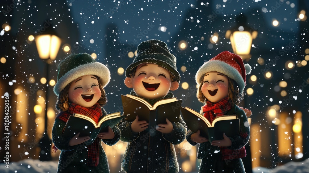 Three cheerful children singing in the snow during winter festivities. Three cheerful children singing in the snow during winter festivities.
