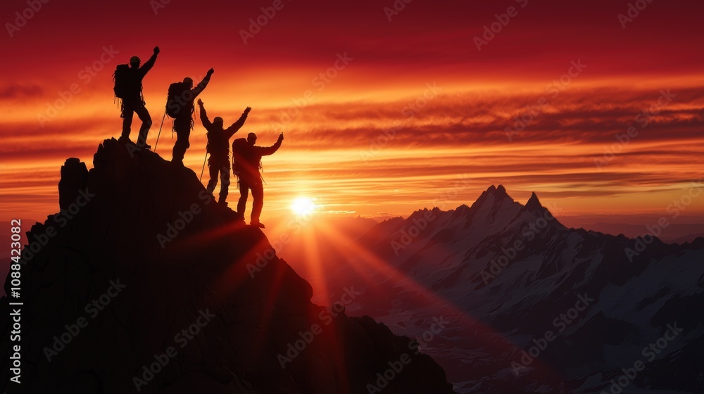 Plan a hiking trip where friends celebrate reaching the summit, surrounded by a vibrant sunrise and breathtaking views Plan a hiking trip where friends celebrate reaching the summit, surrounded by a vibrant sunrise and breathtaking views