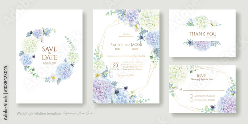 Wedding Invitation, save the date, thank you, RSVP card Design template. Vector. White and blue  Hydrangea flowers with greenery.