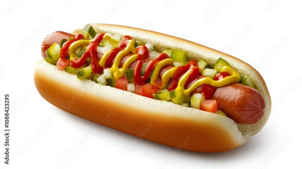 A perfectly cooked hot dog with a toasted bun, juicy sausage, and classic condiments A perfectly cooked hot dog with a toasted bun, juicy sausage, and classic condiments