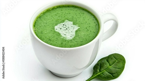 Fresh Green Spinach Soup in White Cup with Cream and Spinach Leaf Served on White Background for Healthy Eating and Nutrition Concepts