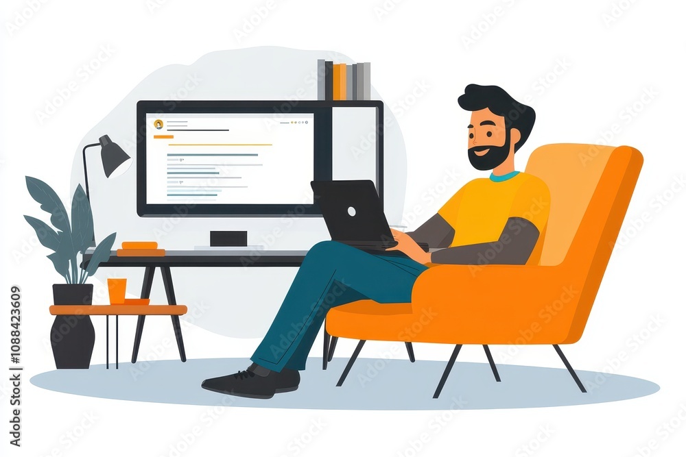 Man works from home, comfy chair. Illustrates remote work, freelance lifestyle. Man works from home, comfy chair. Illustrates remote work, freelance lifestyle.