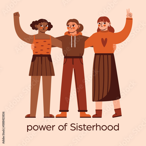 International Women's day. Power of Sisterhood. Support and hugs of community of diverse women. Cute happy multicultural group of different female friends. Naive isolated illustration.