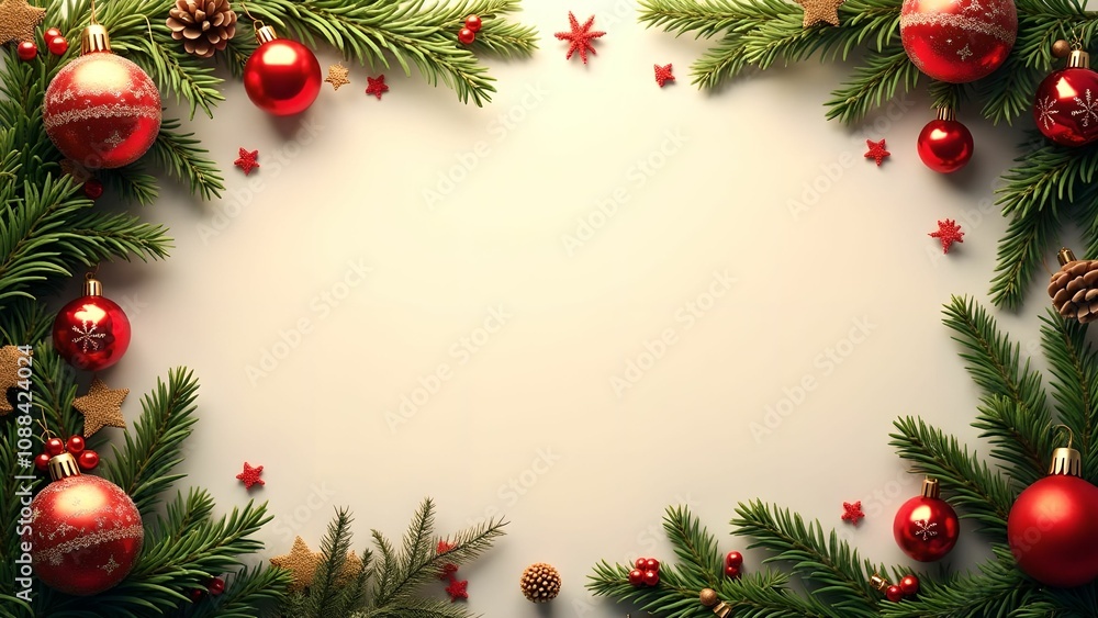 Holiday gifts surrounded by pine cones and candles in cozy top view, empty space for text Holiday gifts surrounded by pine cones and candles in cozy top view, empty space for text