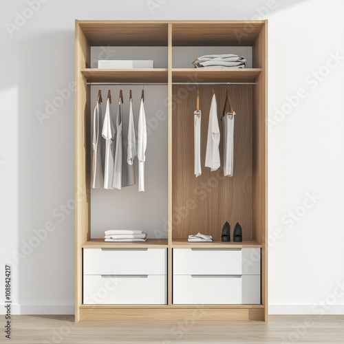 Visualize an empty closet designed for a studio apartment with foldable racks and wallmounted storage solutions photo