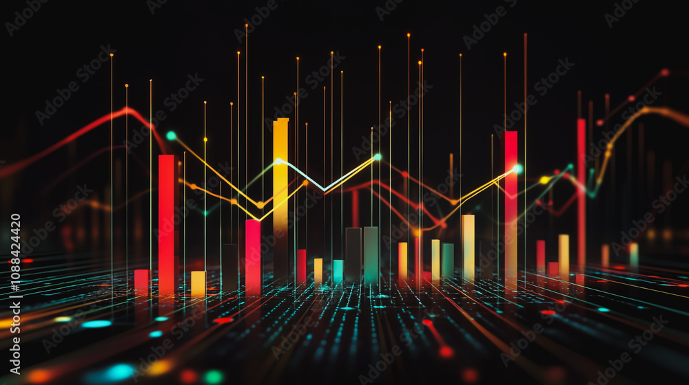 Abstract black background with Colorful charts and graphs with statistics to innovative analyze business potential and forecast future development of companies growth. Abstract black background with Colorful charts and graphs with statistics to innovative analyze business potential and forecast future development of companies growth.
