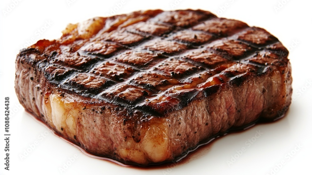 A perfectly cooked steak with grill marks and a juicy, tender interior, Its savory texture and mouthwatering appearance captured in exquisite detail A perfectly cooked steak with grill marks and a juicy, tender interior, Its savory texture and mouthwatering appearance captured in exquisite detail