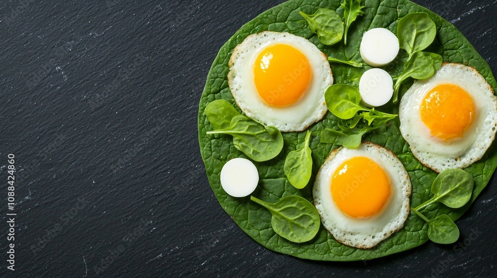 Freshly Cooked Fried Eggs on a Bed of Spinach Leaves Served on a Dark Slate Background for Healthy Eating and Culinary Presentation Freshly Cooked Fried Eggs on a Bed of Spinach Leaves Served on a Dark Slate Background for Healthy Eating and Culinary Presentation