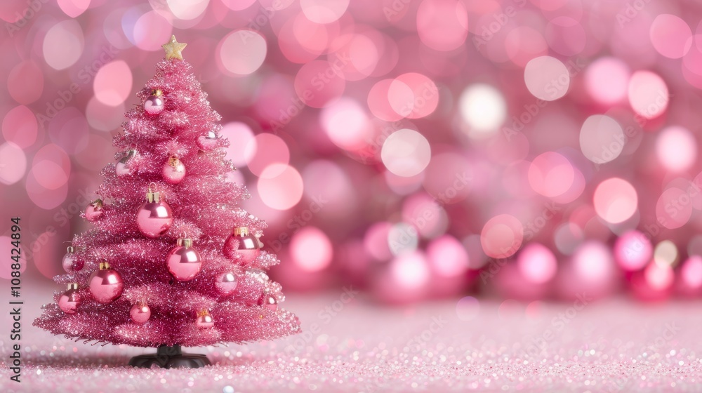 Pink Christmas tree with festive decorations. Pink Christmas tree with festive decorations.