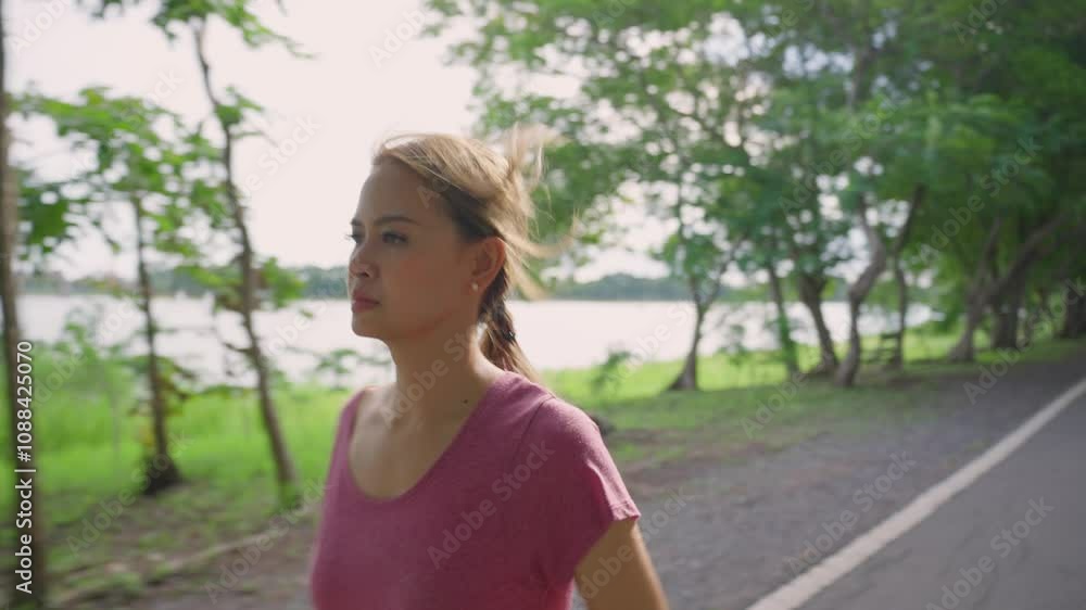 Asian woman doing running exercise in the morning at public park. Asian woman doing running exercise in the morning at public park.