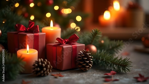 Holiday gifts surrounded by pine cones and candles in a decorated room