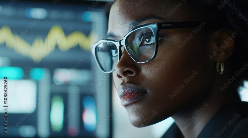 close up of woman with chart on computer in office close up of woman with chart on computer in office