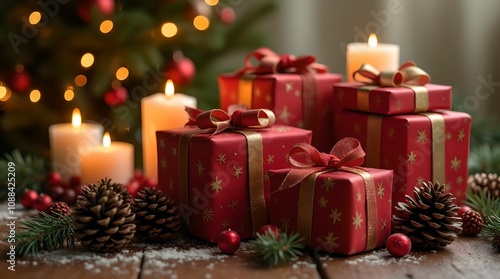 Holiday gifts surrounded by pine cones and candles in a decorated room