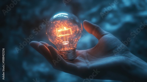 Close up of hand holding abstract glowing circuit light bulb on blue background. Future, innovation and solution concept photo