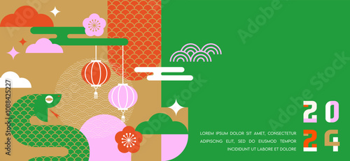 Adobe Illustrator ArtSet of 2025 Chinese new year, year of the snake banner templates design with modern geometric style snake. happy lunar new yearwork photo