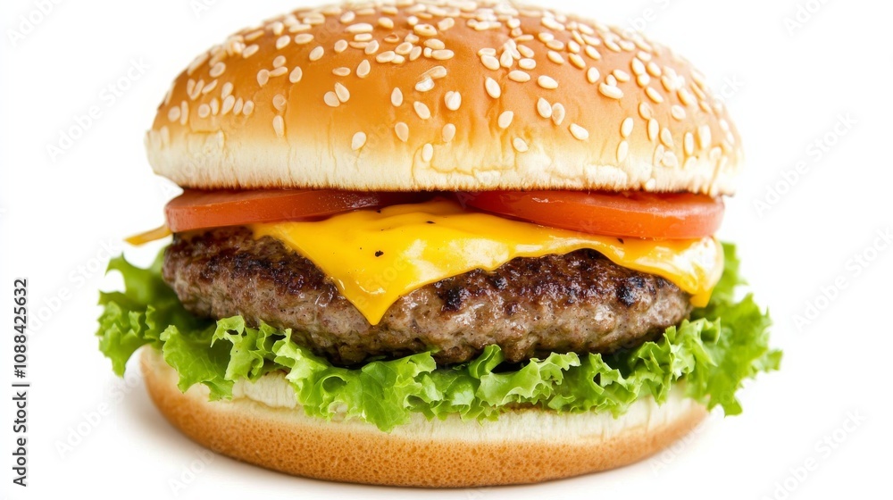 A perfectly grilled hamburger with a sesame seed bun, juicy beef patty, melted cheese A perfectly grilled hamburger with a sesame seed bun, juicy beef patty, melted cheese