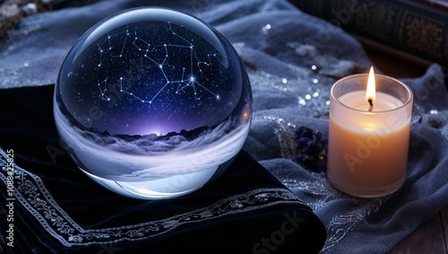 Crystal ball with star constellations, candlelight, and purple cosmic background photo