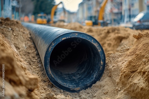 Large pipe in a trench. Shows underground infrastructure installation, ideal for construction or utility projects.