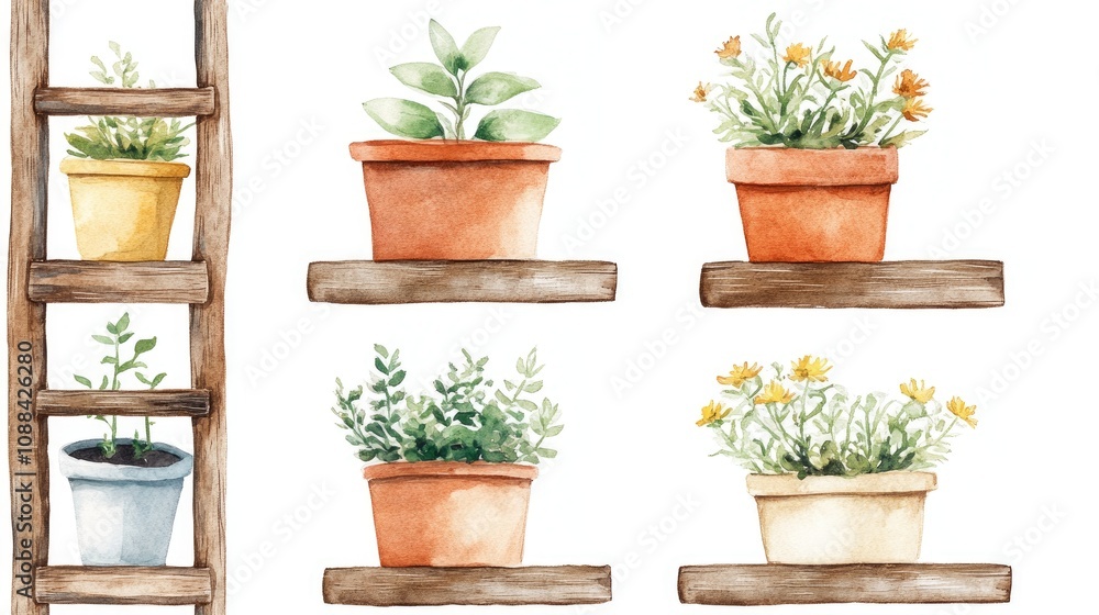 Fototapeta premium Watercolor illustration of a rustic wooden ladder for flower pots seamless pattern design on a clean white background