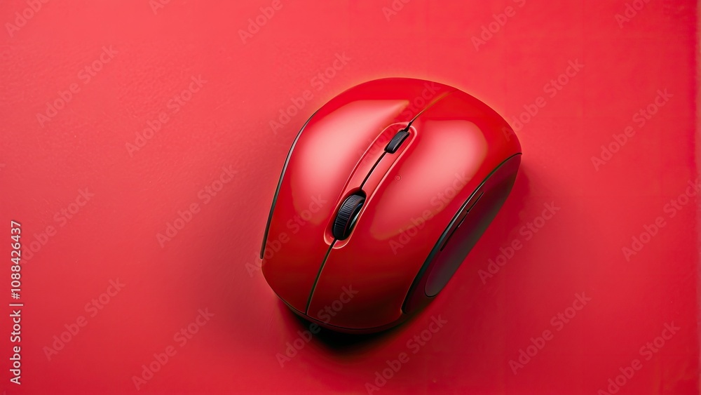 Top view of a studio photo of a red wireless computer mouse on a red Top view of a studio photo of a red wireless computer mouse on a red
