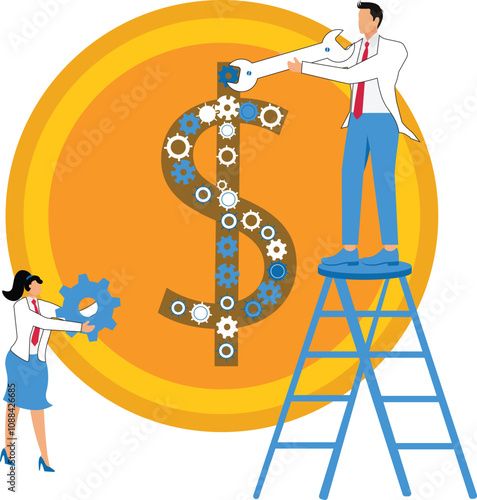 Money At Work with team, Cryptocurrency Trading Bot flat illustration concept