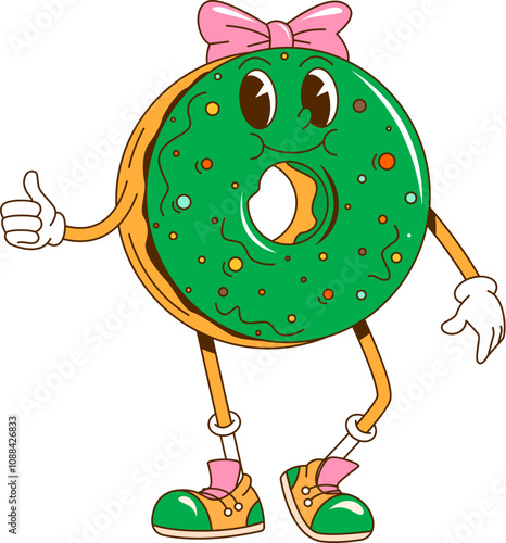 Cartoon retro groovy saint Patrick day donut character with green glaze. Isolated vector doughnut pastry, vintage nostalgic holiday female personage with colorful sprinkles and pink bow on its head