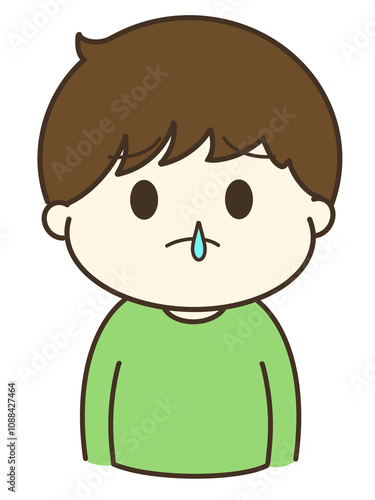 鼻水を垂らして困っている男の子のゆるかわイラスト