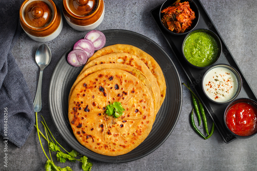 Aloo paratha, a popular North Indian dish, especially in Punjab, is a stuffed flatbread filled with spiced mashed potatoes. It's traditionally served hot with tangy achar (pickle), refreshing chutney, Aloo paratha, a popular North Indian dish, especially in Punjab, is a stuffed flatbread filled with spiced mashed potatoes. It's traditionally served hot with tangy achar (pickle), refreshing chutney,