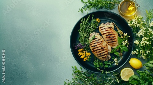 Grilled Chicken Breasts Plated with Fresh Herbs and Lemon Slices on a Stylish Dark Plate Surrounded by Colorful Edible Flowers and Olive Oil photo