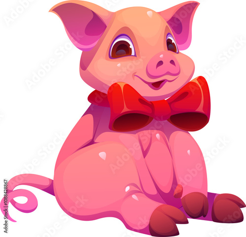 Cartoon cute Christmas pig animal character with a big red bowtie sits cheerfully, showcasing a playful face expression. Isolated vector pink piglet personage ready for holiday or festive celebrations