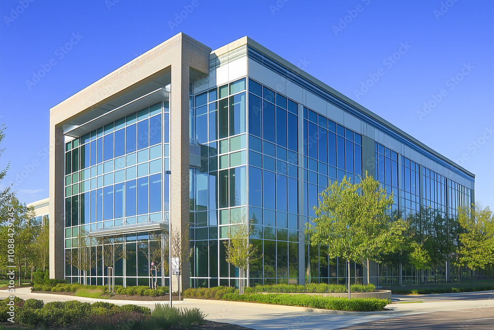 Sleek glass office building with lush landscaping under clear blue sky Sleek glass office building with lush landscaping under clear blue sky