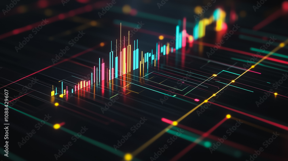 Abstract black background with 3D Colorful charts and graphs with statistics to innovative analyze business potential and forecast future development of companies growth. Abstract black background with 3D Colorful charts and graphs with statistics to innovative analyze business potential and forecast future development of companies growth.