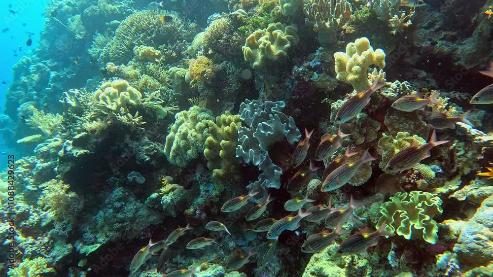 A school of striped large-eye bream moves down a coral wall to deeper water. A school of striped large-eye bream moves down a coral wall to deeper water.