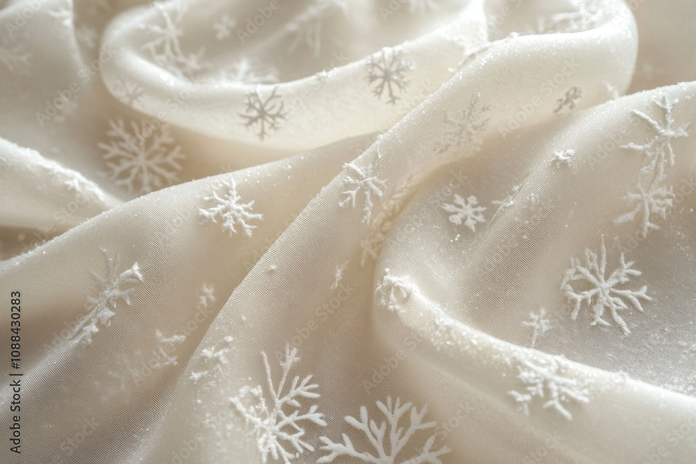 White fabric covered in delicate snowflakes, contrasting against a dark background. White fabric covered in delicate snowflakes, contrasting against a dark background.