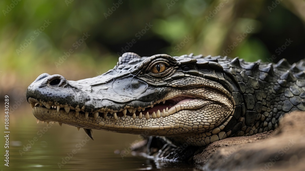 Fototapeta premium Close-up of a Black Caiman profile at the water's edge in Pantanal Wetlands, Mato Grosso, Brazil, with its mouth open against a defocused background