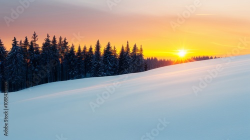 Serene winter sunrise over snowy landscape.