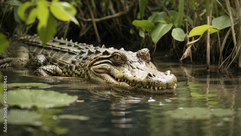 In the mangrove sections of the Gardens of the Queens Marine Reserve in Cuba, a Cuban crocodile is swimming beside sea grass.- In the mangrove sections of the Gardens of the Queens Marine Reserve in Cuba, a Cuban crocodile is swimming beside sea grass.-