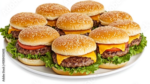 A plate of classic cheeseburgers with juicy beef patties, melted cheddar cheese, lettuce