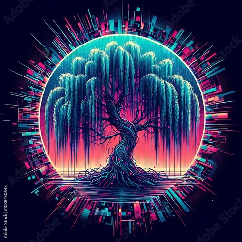 Neon-lit weeping willow tree in a digital circle, surrounded by vibrant, geometric shapes.