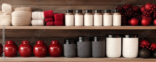 Organized minimalist shelves with jars, towels, and red decor for a cozy home ambiance. photo